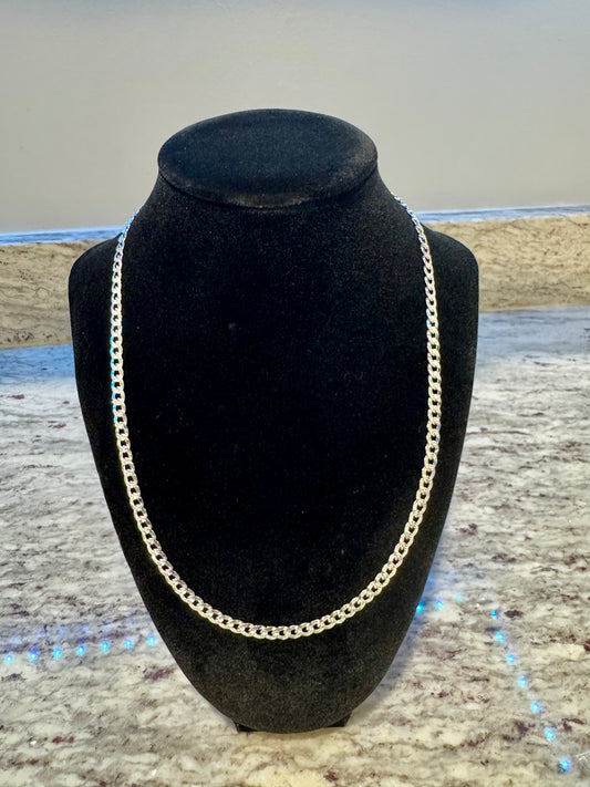 925 Sterling Silver Pave Flat Curb Chain Necklace 20” 5.2mm Made in Italy